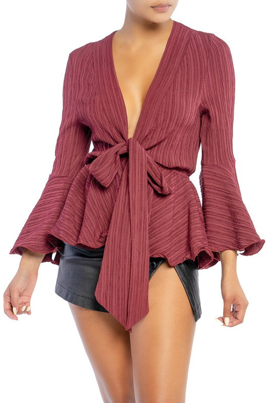 Wine Wavy Hem Blouse